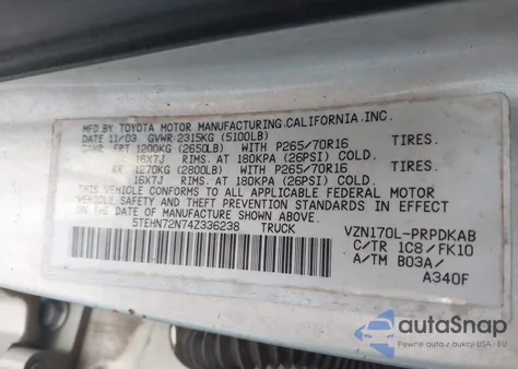 2004 Toyota Tacoma Base V6 from USA, damaged, VIN 5TEHN72N74Z336238